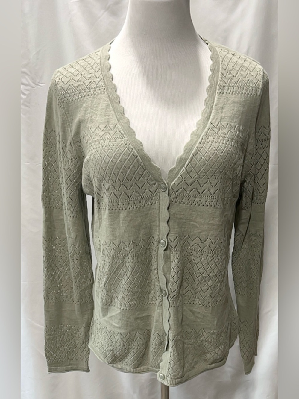 FRYE Women Green Scalloped V-Neck Button Cardigan Sweater Size Large 100% Cotton
